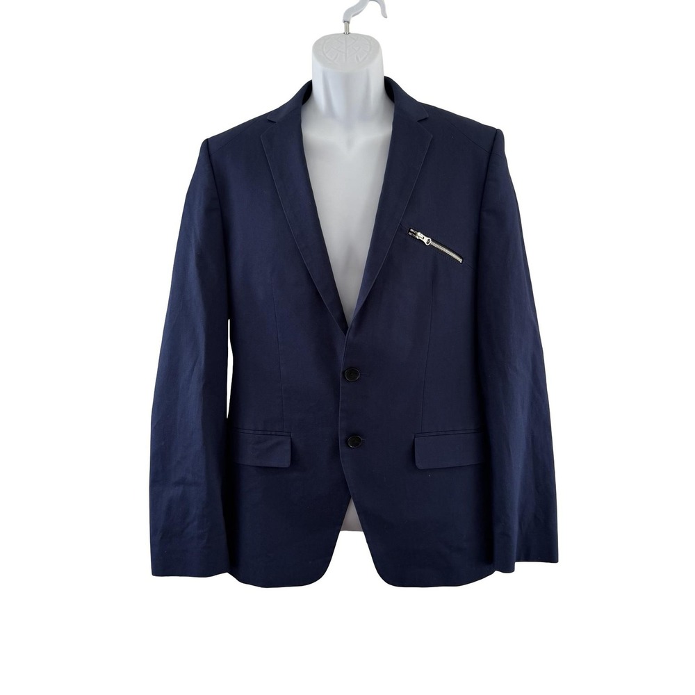Hugo Boss Blazer Mens 38R Navy Blue Cotton Stretch Zip Pocket Turkey Notch Lapel